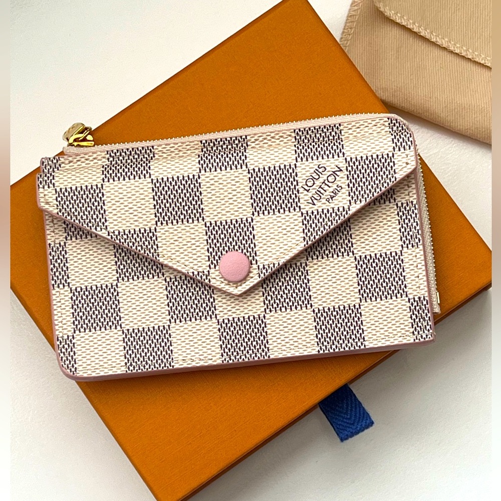 Louis Vuitton Damier Azur Envelope Card Holder Wallet Pink Accent Recto Verso